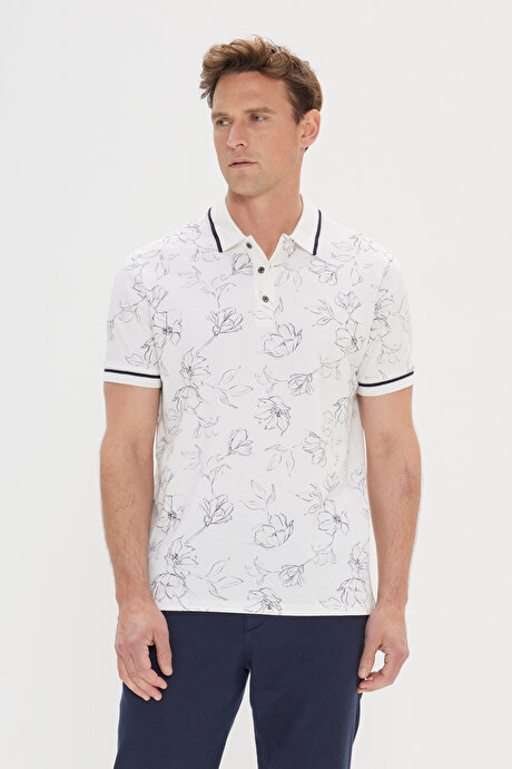 Slim Fit Dar Kesim %100 Pamuk Çiçek Baskılı Polo Yaka Beyaz-Lacivert Tişört resmi