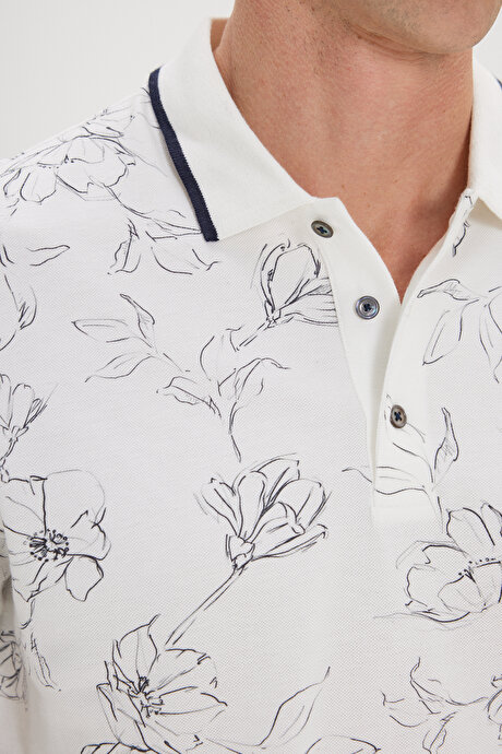 Slim Fit Dar Kesim %100 Pamuk Çiçek Baskılı Polo Yaka Beyaz-Lacivert Tişört resmi