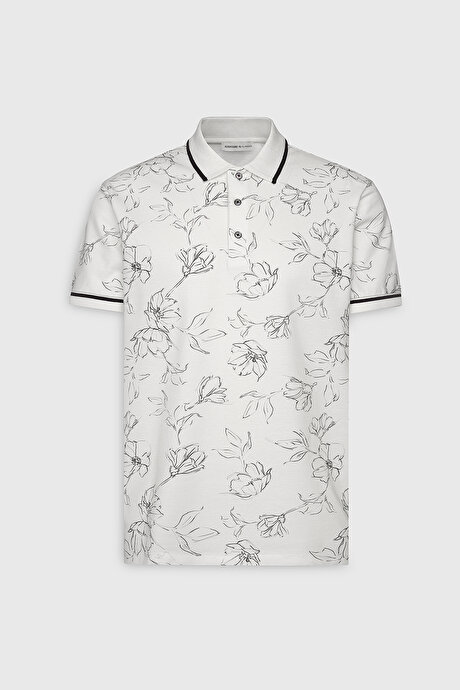 Slim Fit Dar Kesim %100 Pamuk Çiçek Baskılı Polo Yaka Beyaz-Lacivert Tişört resmi