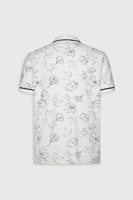 Slim Fit Dar Kesim %100 Pamuk Çiçek Baskılı Polo Yaka Beyaz-Lacivert Tişört resmi