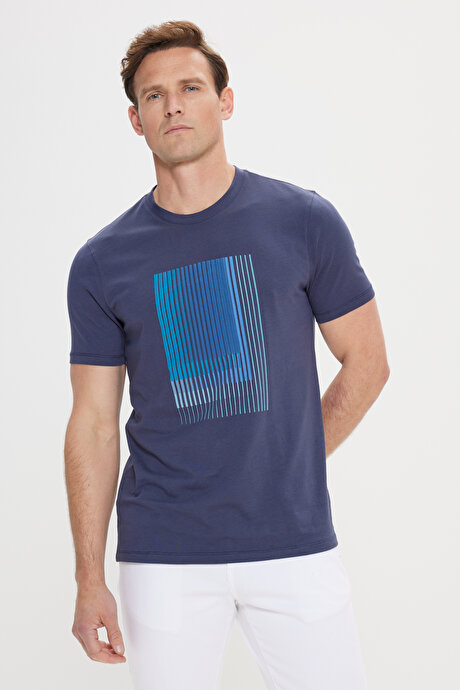 Slim Fit Dar Kesim Pamuklu Baskılı Bisiklet Yaka Lacivert Tişört resmi