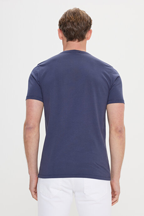 Slim Fit Dar Kesim Pamuklu Baskılı Bisiklet Yaka Lacivert Tişört resmi