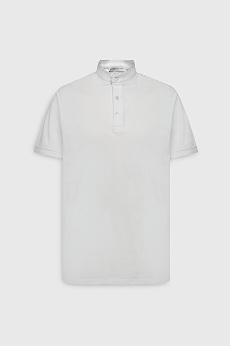 Slim Fit Dar Kesim %100 Pamuk Dik Yaka Beyaz Tişört resmi