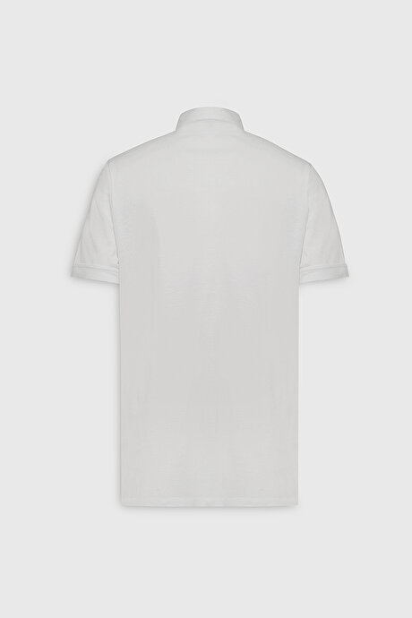 Slim Fit Dar Kesim %100 Pamuk Dik Yaka Beyaz Tişört resmi