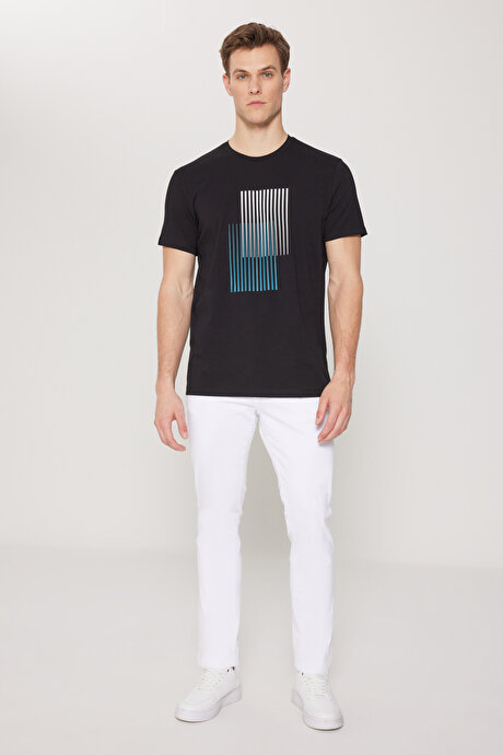 Slim Fit Dar Kesim Pamuklu Baskılı Bisiklet Yaka Siyah Tişört resmi