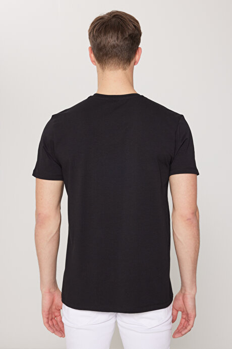 Slim Fit Dar Kesim Pamuklu Baskılı Bisiklet Yaka Siyah Tişört resmi