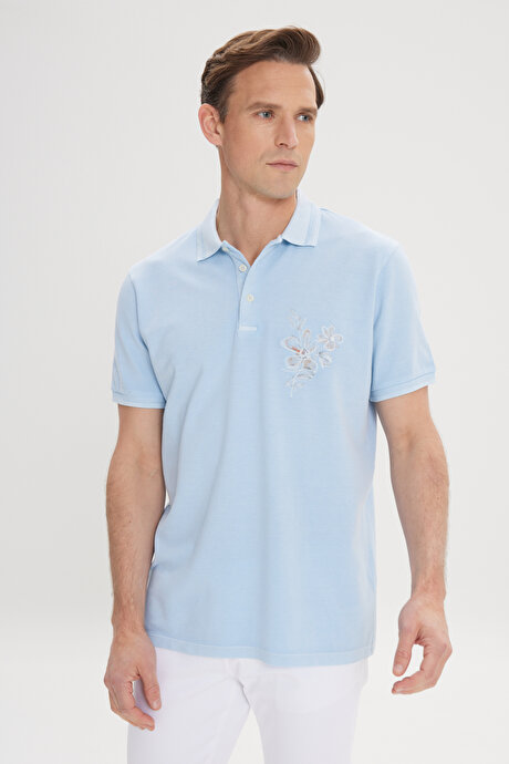 Slim Fit Dar Kesim %100 Pamuk Baskılı Polo Yaka Açık İndigo Tişört resmi