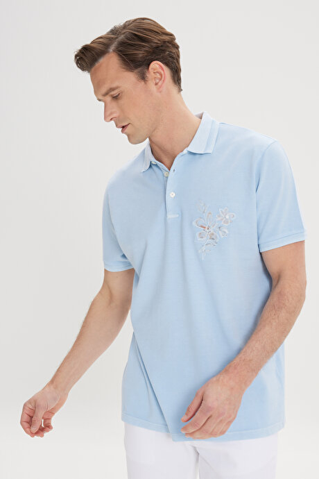 Slim Fit Dar Kesim %100 Pamuk Baskılı Polo Yaka Açık İndigo Tişört resmi