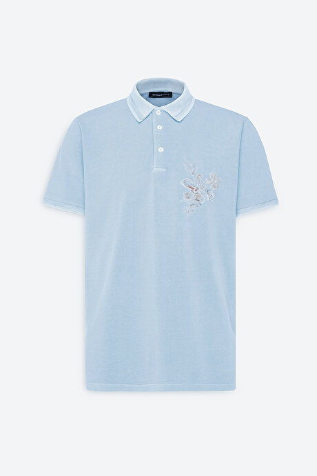 Slim Fit Dar Kesim %100 Pamuk Baskılı Polo Yaka Açık İndigo Tişört resmi