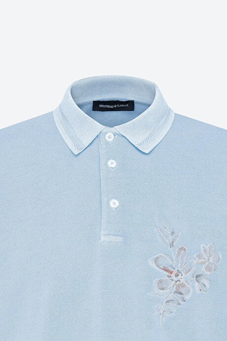 Slim Fit Dar Kesim %100 Pamuk Baskılı Polo Yaka Açık İndigo Tişört resmi