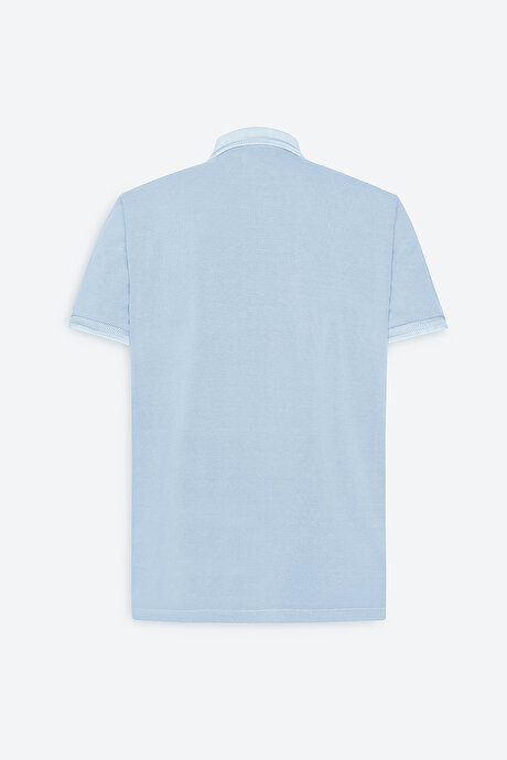 Slim Fit Dar Kesim %100 Pamuk Baskılı Polo Yaka Açık İndigo Tişört resmi