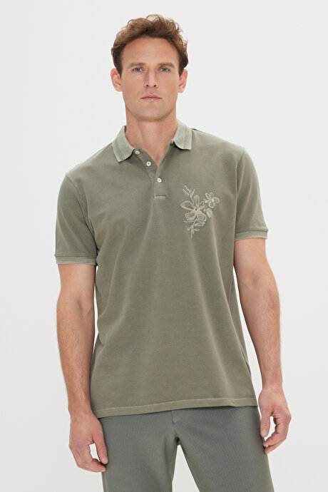 Slim Fit Dar Kesim %100 Pamuk Baskılı Polo Yaka Haki Tişört resmi