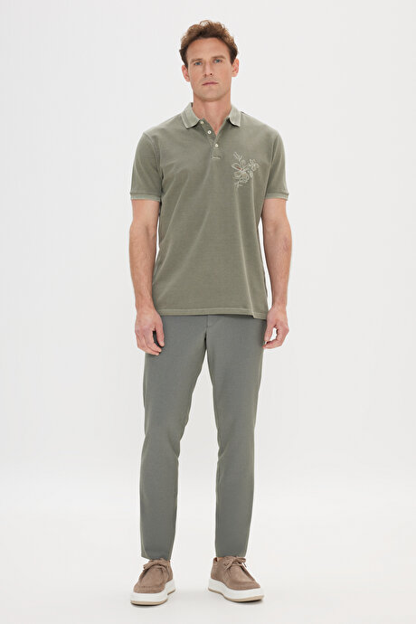 Slim Fit Dar Kesim %100 Pamuk Baskılı Polo Yaka Haki Tişört resmi
