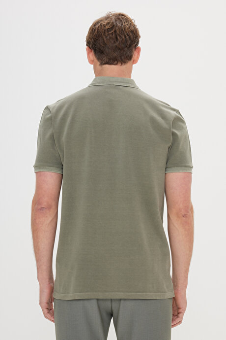 Slim Fit Dar Kesim %100 Pamuk Baskılı Polo Yaka Haki Tişört resmi