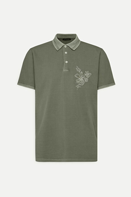 Slim Fit Dar Kesim %100 Pamuk Baskılı Polo Yaka Haki Tişört resmi
