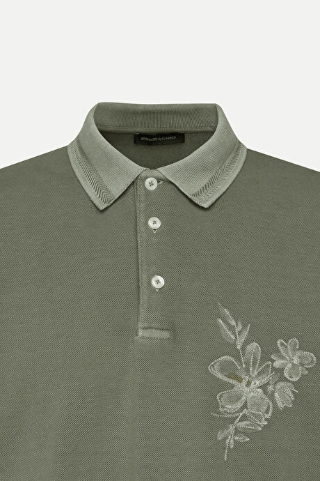 Slim Fit Dar Kesim %100 Pamuk Baskılı Polo Yaka Haki Tişört resmi