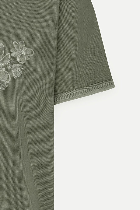 Slim Fit Dar Kesim %100 Pamuk Baskılı Polo Yaka Haki Tişört resmi