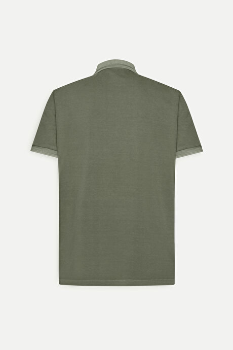 Slim Fit Dar Kesim %100 Pamuk Baskılı Polo Yaka Haki Tişört resmi