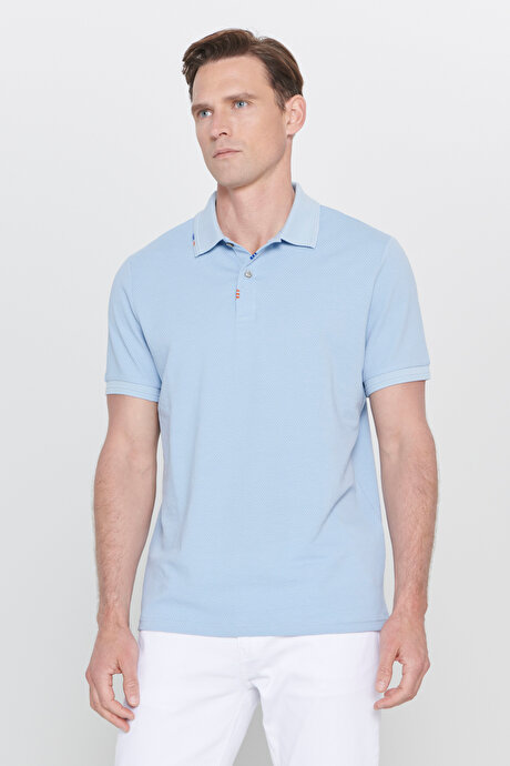 Slim Fit Dar Kesim Polo Yaka Baskılı Pamuklu Açık Mavi Tişört resmi
