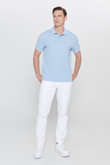 Slim Fit Dar Kesim Polo Yaka Baskılı Pamuklu Açık Mavi Tişört resmi