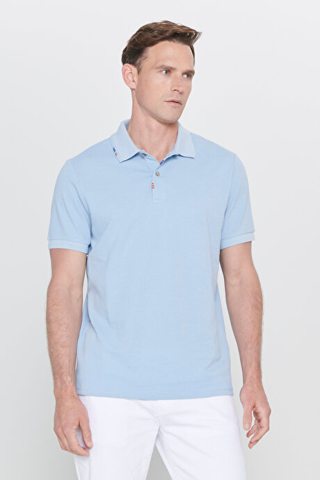 Slim Fit Dar Kesim Polo Yaka Baskılı Pamuklu Açık Mavi Tişört resmi