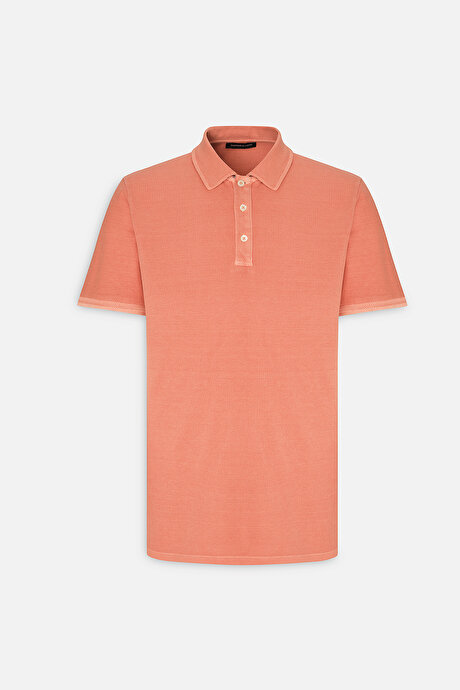 Slim Fit Dar Kesim %100 Pamuk Polo Yaka Kiremit Tişört resmi
