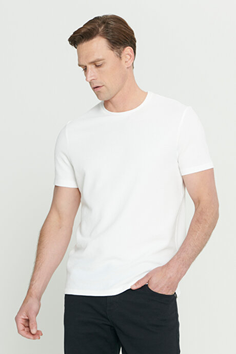 Slim Fit Dar Kesim Bisiklet Yaka Desenli Beyaz Tişört resmi