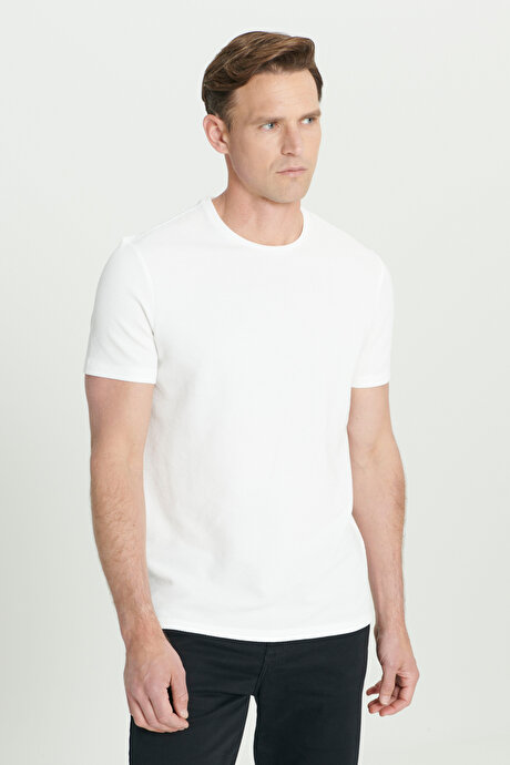 Slim Fit Dar Kesim Bisiklet Yaka Desenli Beyaz Tişört resmi