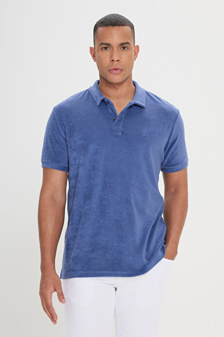 Slim Fit Dar Kesim Pamuklu Havlu Kumaş Polo Yaka İndigo Tişört resmi