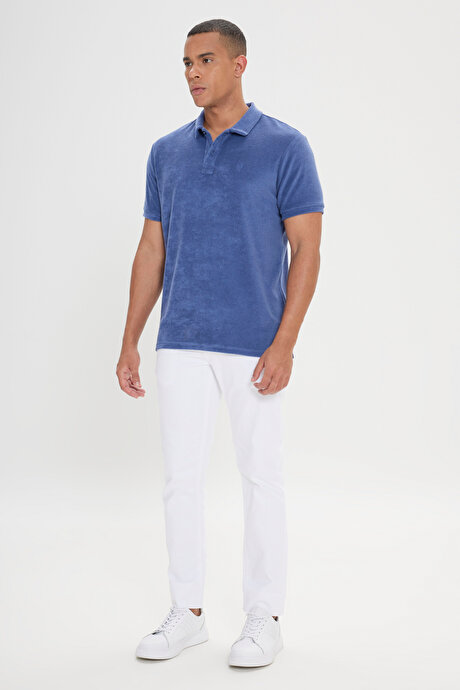 Slim Fit Dar Kesim Pamuklu Havlu Kumaş Polo Yaka İndigo Tişört resmi