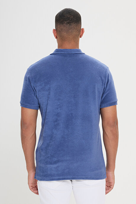 Slim Fit Dar Kesim Pamuklu Havlu Kumaş Polo Yaka İndigo Tişört resmi