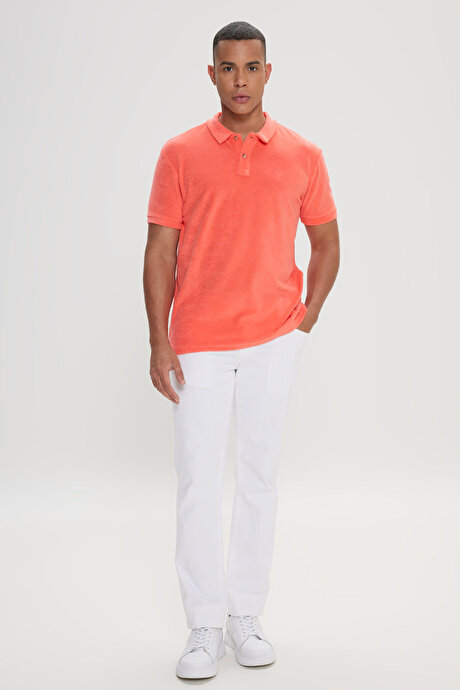 Slim Fit Dar Kesim Pamuklu Havlu Kumaş Polo Yaka Mercan Tişört resmi