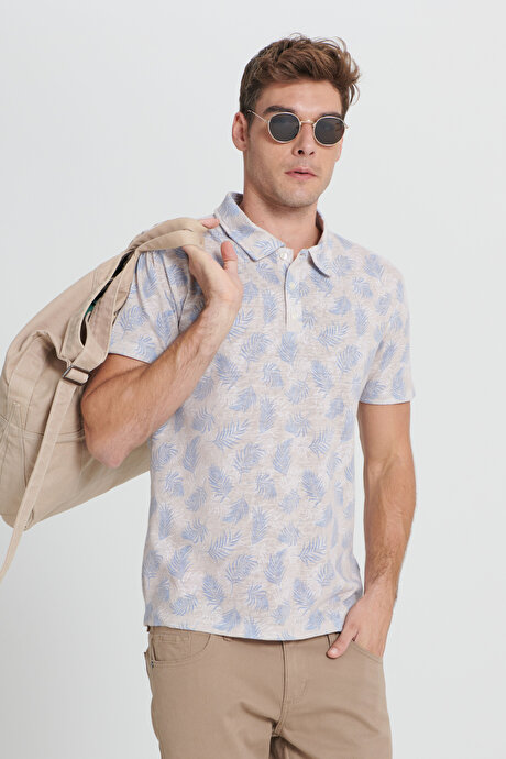Slim Fit Dar Kesim Polo Yaka Baskılı EKRU SAKS Tişört resmi