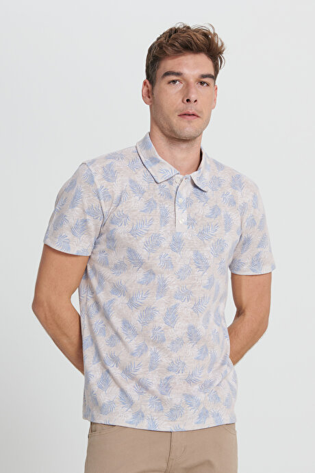 Slim Fit Dar Kesim Polo Yaka Baskılı EKRU SAKS Tişört resmi