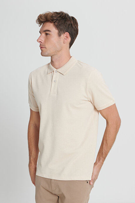 Slim Fit Dar Kesim %100 Pamuk Polo Yaka Bej-Ekru Tişört resmi