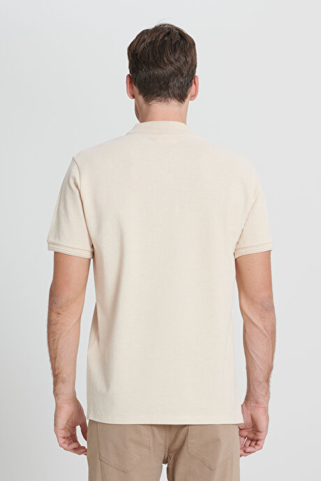 Slim Fit Dar Kesim %100 Pamuk Polo Yaka Bej-Ekru Tişört resmi