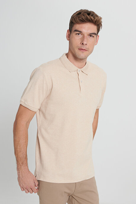 Slim Fit Dar Kesim %100 Pamuk Polo Yaka Sütlü Kahve-Ekru Tişört resmi