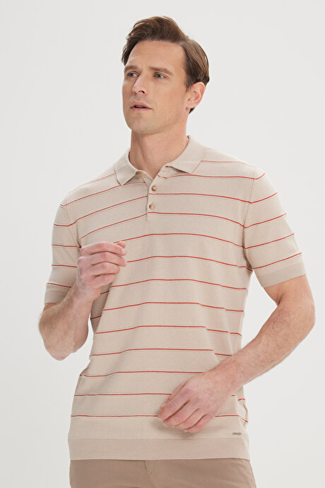 Standart Fit Normal Kesim %100 Pamuk Çizgili Polo Yaka VIZON-TURUNCU Tişört resmi