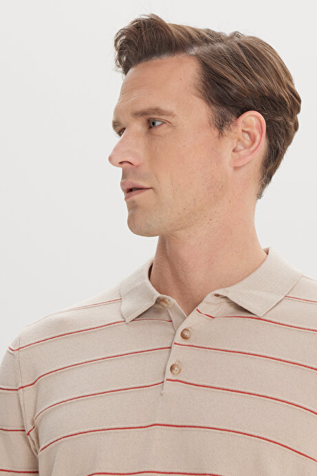 Standart Fit Normal Kesim %100 Pamuk Çizgili Polo Yaka VIZON-TURUNCU Tişört resmi