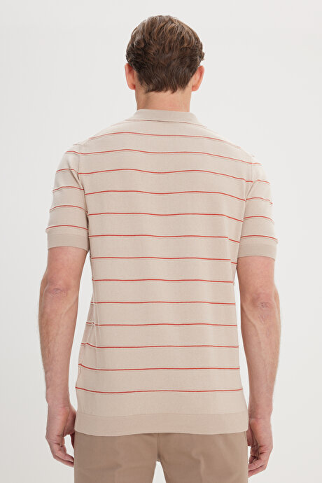 Standart Fit Normal Kesim %100 Pamuk Çizgili Polo Yaka VIZON-TURUNCU Tişört resmi