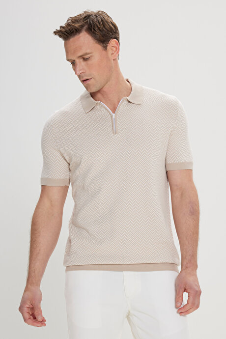 Standart Fit Normal Kesim %100 Pamuk Jakarlı Polo Yaka Bej-Ekru Tişört resmi