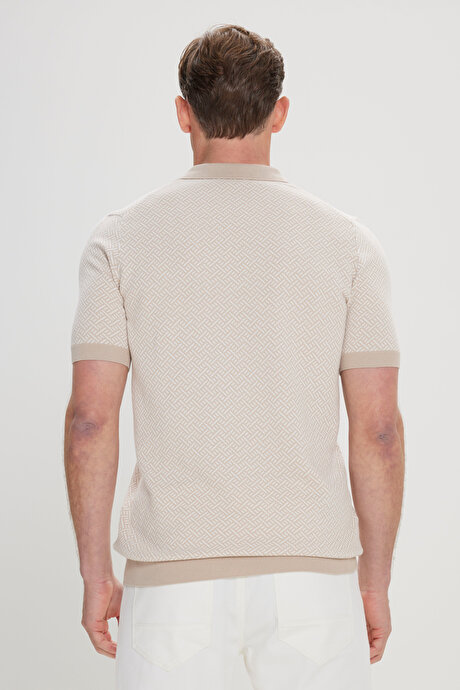 Standart Fit Normal Kesim %100 Pamuk Jakarlı Polo Yaka Bej-Ekru Tişört resmi