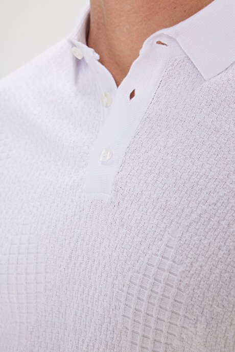 %100 Pamuk Standart Fit Normal Kesim Polo Yaka Armürlü Triko Beyaz Tişört resmi