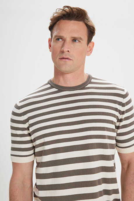 %100 Pamuk Standart Fit Normal Kesim Bisiklet Yaka Çizgili Triko Haki-Bej Tişört resmi