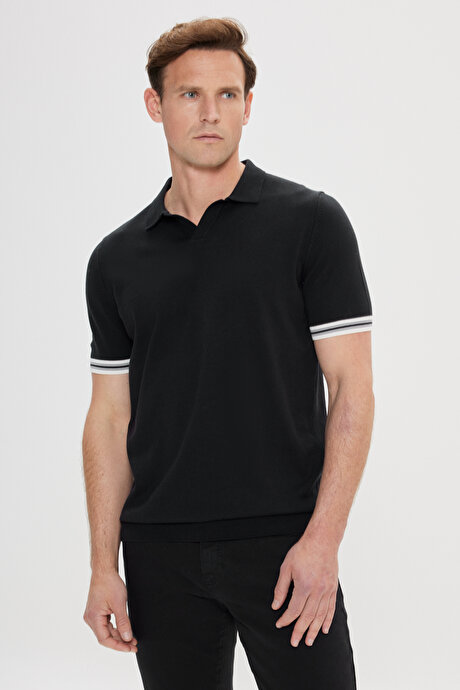Standart Fit Normal Kesim %100 Pamuk Polo Yaka Siyah Triko Tişört resmi