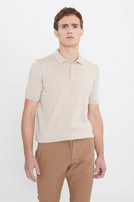%100 Pamuk Standart Fit Normal Kesim Polo Yaka Triko Bej Tişört resmi