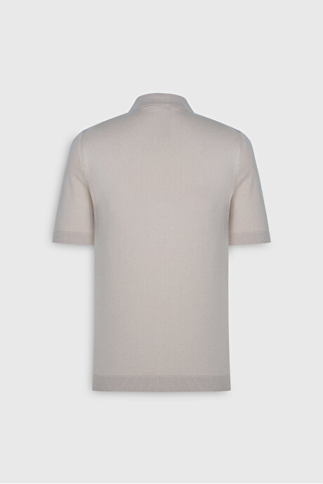 %100 Pamuk Standart Fit Normal Kesim Polo Yaka Triko Bej Tişört resmi