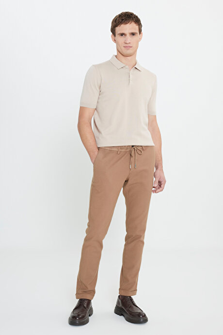 %100 Pamuk Standart Fit Normal Kesim Polo Yaka Triko Bej Tişört resmi