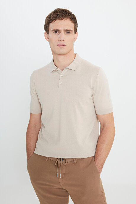 %100 Pamuk Standart Fit Normal Kesim Polo Yaka Triko Bej Tişört resmi