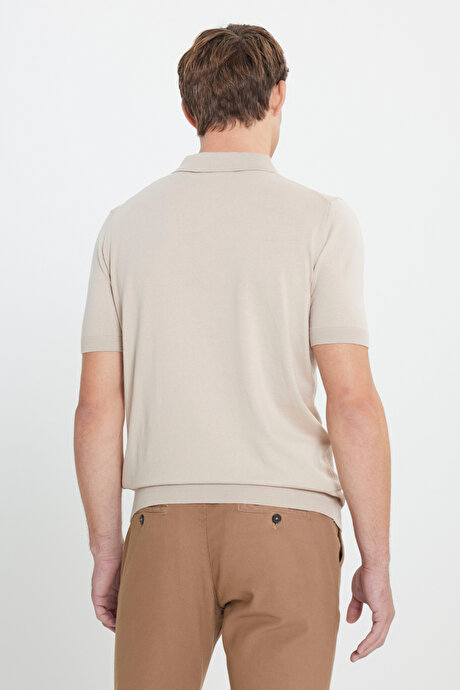 %100 Pamuk Standart Fit Normal Kesim Polo Yaka Triko Bej Tişört resmi